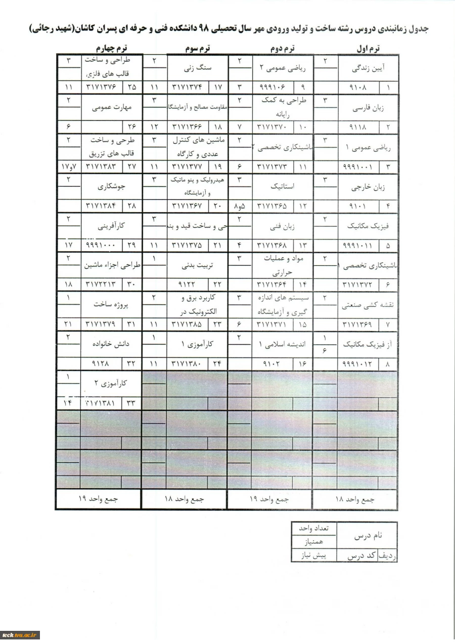 جدول دروس و برنامه هفتگی برخی رشته ها 7