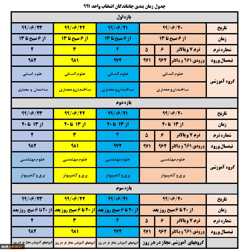 زمان بندی جاماندگان انتخاب واحد 991