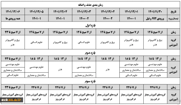 جدول زمانبندی حذف و اضافه