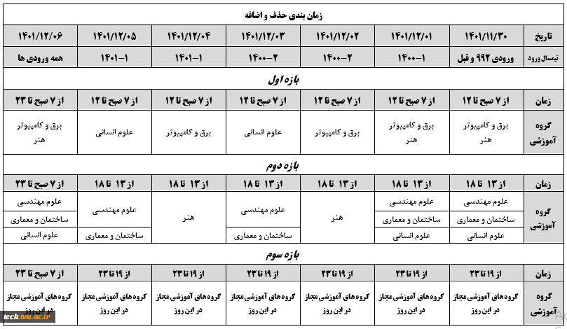 جدول زمانبندی حذف و اضافه