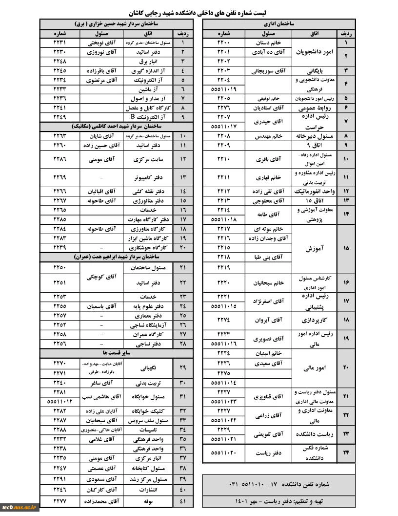 شماره تلفن های دانشگاه 2