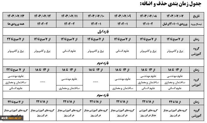 جدول زمان بندی حذف و اضافه