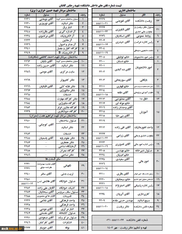 شماره تلفن های دانشگاه 2