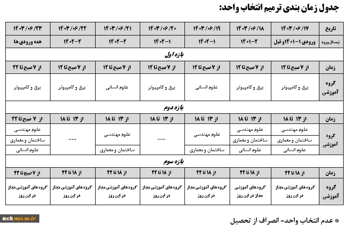 جدول زمان بندی ترمیم انتخاب واحد